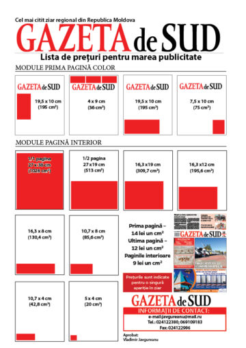 Prețuri pentru publicitatea tipărită în ziarul „Gazeta de Sud”